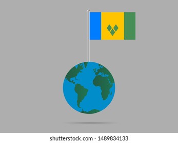 Flagpole on Earth globe with Beautiful national flag of Saint Vincent and Grenadines. original colors and proportion. Simply vector illustration eps10, from countries flag set.