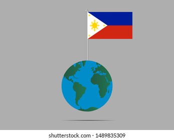 Flagpole on Earth globe with Beautiful national flag of Republic of Philippines. original colors and proportion. Simply vector illustration eps10, from countries flag set.