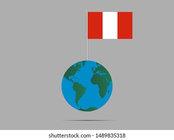 Flagpole on Earth globe with Beautiful national flag of Republic of Peru. original colors and proportion. Simply vector illustration eps10, from countries flag set.