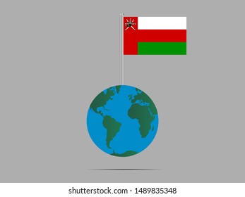 Flagpole on Earth globe with Beautiful national flag of Sultanate of Oman. original colors and proportion. Simply vector illustration eps10, from countries flag set.