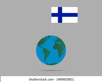 Flagpole on Earth globe with National flag of Republic of Finland. original colors and proportion. Simply vector illustration, from countries flag set.