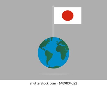 Flagpole on Earth globe with National flag of Japan . original colors and proportion. Simply vector illustration, from countries flag set.