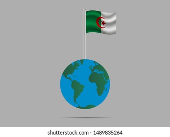 Flagpole on Earth globe with National flag of Peoples Democratic Republic of Algeria. original colors and proportion. Simply vector illustration eps10, from countries flag set.