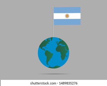 Flagpole on Earth globe with National flag of Argentine Republic. original colors and proportion. Simply vector illustration, from countries flag set.