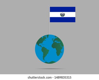 Flagpole on Earth globe with National flag of Republic of El Salvador. original colors and proportion. Simply vector illustration, from countries flag set.