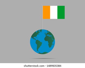 Flagpole on Earth globe with National flag of Republic of Cote Divoire know as ivory coast. original colors and proportion. Simply vector illustration, from countries flag set.