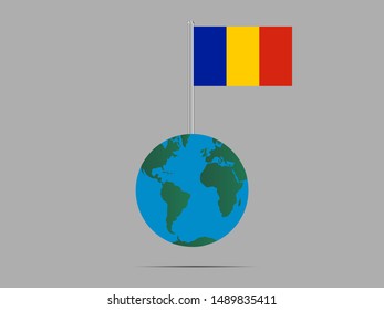Flagpole on Earth globe with National flag of Republic of Chad. original colors and proportion. Simply vector illustration eps10, from countries flag set.