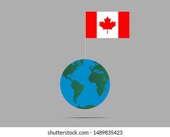 Flagpole on Earth globe with National flag of Canada. original colors and proportion. Simply vector illustration, from countries flag set.