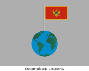 Flagpole on Earth globe with National flag of Montenegro. original colors and proportion. Simply vector illustration eps10, from countries flag set.