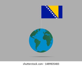 Flagpole on Earth globe with National flag of Bosnia and Herzegovina . original colors and proportion. Simply vector illustration, from countries flag set.