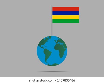 Flagpole on Earth globe with National flag of Republic of Mauritius . original colors and proportion. Simply vector illustration, from countries flag set.