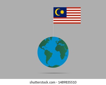 Flagpole on Earth globe with National flag of Malaysia . original colors and proportion. Simply vector illustration, from countries flag set.