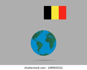 Flagpole on Earth globe with National flag of Kingdom of Belgium . original colors and proportion. Simply vector illustration, from countries flag set.