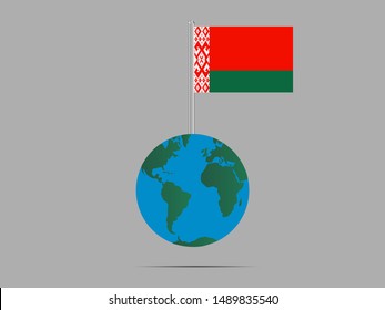 Flagpole on Earth globe with National flag of Republic of Belarus. original colors and proportion. Simply vector illustration, from countries flag set.