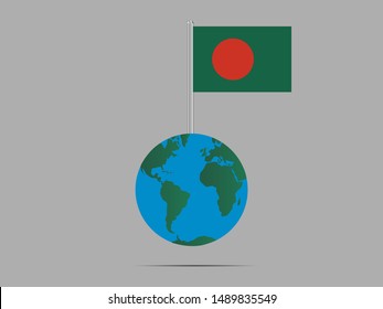 Flagpole on Earth globe with National flag of Peoples Republic of Bangladesh. original colors and proportion. Simply vector illustration, from countries flag set.