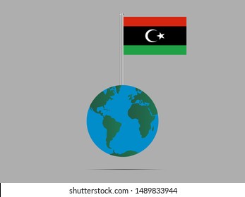 Flagpole on Earth with National flag of State of Libya. original colors and proportion. Simply vector illustration eps10, from countries flag set.