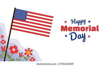 a flagpole stands on a grassy hill with flowers and holiday text