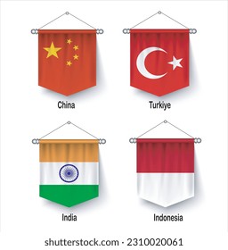 Flags of the 4 countries (China, Turkiye, India, Indonesia) with the most population in the world