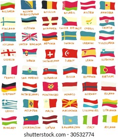 flags of 48 european countries drawn in childish way