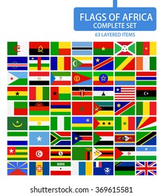 Flags of Africa Complete Set. Flag set in alphabetical order.All elements are separated in editable layers clearly labeled.