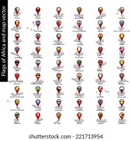 Flags of Africa on pin map and map vector set isolated