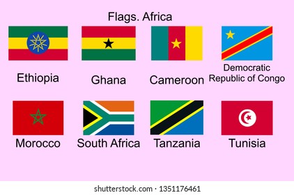 Flags of Africa, set. Ethiopia, Ghana, Cameroon, DRC, Morocco, Tanzania, South African Republic, Tunisia