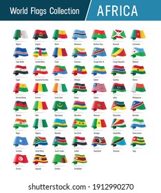 Flags of Africa, waving in the wind. Icons pointing location, origin, language. Vector world flags collection.