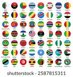 Flags of African Union (AU) member countries in round shapes, including Nigeria, South Africa, Egypt, Kenya, Ethiopia, Ghana, Morocco, Algeria, Uganda, Tanzania, and others. Vector illustration.