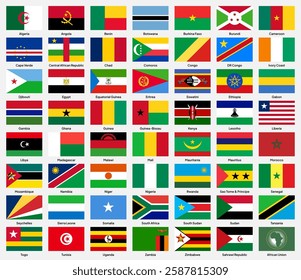 Flags of African Union (AU) member countries in rectangular shapes (with a 3:2 ratio). Vector illustration.