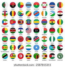 Flags of African Union (AU) member countries in round shapes, including Nigeria, South Africa, Egypt, Kenya, Ethiopia, Ghana, Morocco, Algeria, Uganda, Tanzania, and others. Vector illustration.