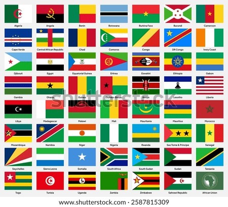 Flags of African Union (AU) member countries in rectangular shapes (with a 3:2 ratio). Vector illustration.