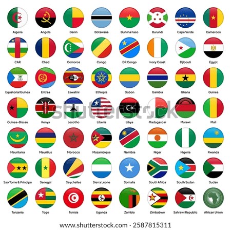 Flags of African Union (AU) member countries in round shapes, including Nigeria, South Africa, Egypt, Kenya, Ethiopia, Ghana, Morocco, Algeria, Uganda, Tanzania, and others. Vector illustration.