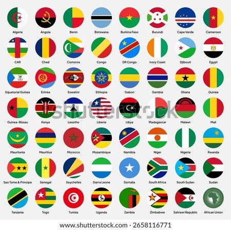 Flags of African Union (AU) member countries in flat round shapes, including Nigeria, South Africa, Egypt, Kenya, Ethiopia, Ghana, Morocco, Algeria, Uganda, Tanzania, and others. Vector illustration.
