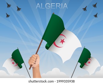 Flags of Algeria Flying under the blue sky
