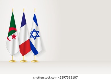 Flags of Algeria, France and Israel stand in row on indoor flagpole.  Vector illustration.