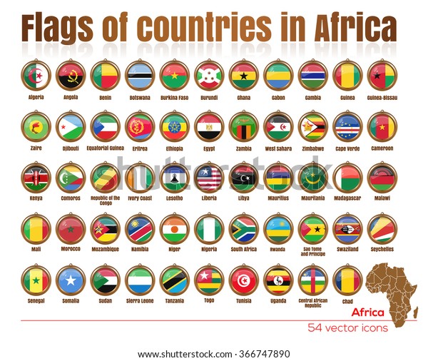Flags of all countries in Africa\
in the same file.  Big set. Gold medallion with the flags of the\
countries of Africa. Vector illustration of\
flags.