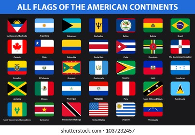 Flags of all countries of the American continents. Flat style