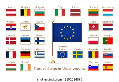 Flags of all countries included in the European Union. A set of flags of the European Union with the name of countries. 27 flags and EU flag. Vector illustration