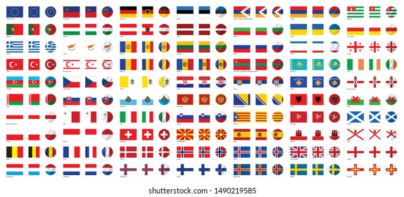 Flags of all European countries, sovereign states and dependent territories in Europe (3:2, square, round, waving)