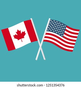 Flags of America and Canada vector icon. The flags of the USA and Canada are crossed and swaying. Illustration of country flags in flat style.