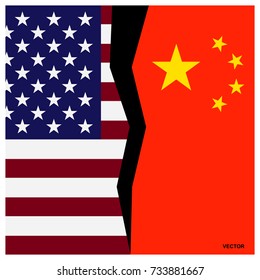 Flags of America and China, divided by a crack. The symbol of confrontation, enmity, crisis between the two countries. Vector sign, icon, illustration.