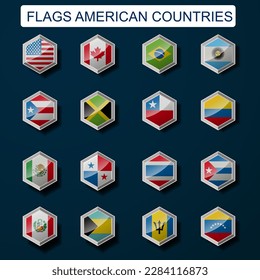 Flags of American countries in Hexagon Button. Set of flags American countries