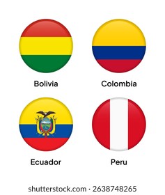Flags of Andean Community member countries in round shapes, including Bolivia, Colombia, Ecuador, and Peru. Vector illustration.