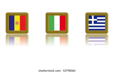 Flags of Andorra, Italy and Greece with gold frame and reflection