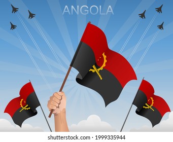 Flags of Angola Flying under the blue sky