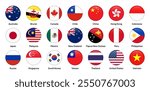 Flags of APEC (Asia-Pacific Economic Cooperation) members in round shapes, including the USA, China, Japan, Canada, Australia, Mexico, Russia, South Korea, Malaysia, and others. Vector illustration.