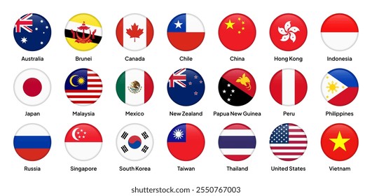 Flaggen von APEC-Mitgliedern (Asiatisch-Pazifische Wirtschaftskooperation) in runden Formen, darunter die USA, China, Japan, Kanada, Australien, Mexiko, Russland, Südkorea, Malaysia und andere. Vektorgrafik.