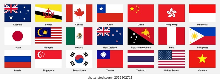 Bandeiras dos membros da APEC (Cooperação Econômica Ásia-Pacífico) em formas retangulares (com uma proporção de 3:2). Ilustração vetorial.