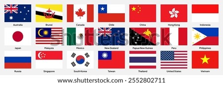 Flags of APEC (Asia-Pacific Economic Cooperation) members in rectangular shapes (with a 3:2 ratio). Vector illustration.