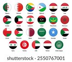 Flags of Arab League member countries in round shapes, including Egypt, Saudi Arabia, Iraq, Jordan, Lebanon, Somalia, UAE, Palestine, Kuwait, Bahrain, Qatar, Morocco, and others. Vector illustration.